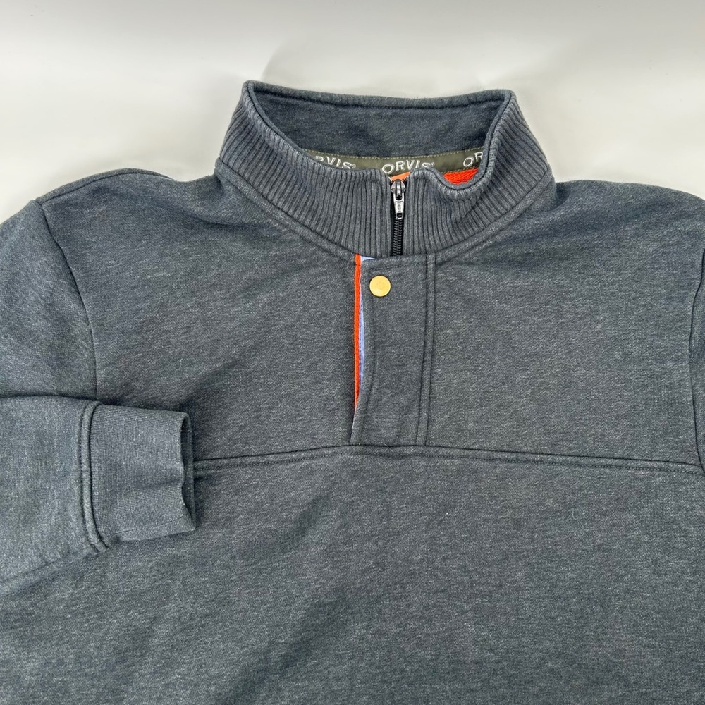 Orvis Pullover Sweatshirt Mens L Gray Quarter Zip Snap Mock Neck Fleece Fishing
